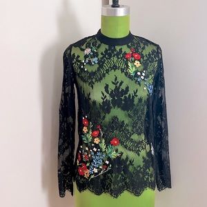 European designer black lace top w/floral detail size M